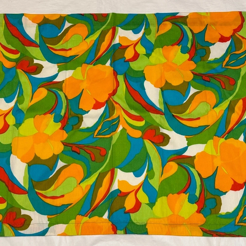 Colorful Floral Window Panels Set of 2 Orange Blue Green 27x40 Handmade Retro